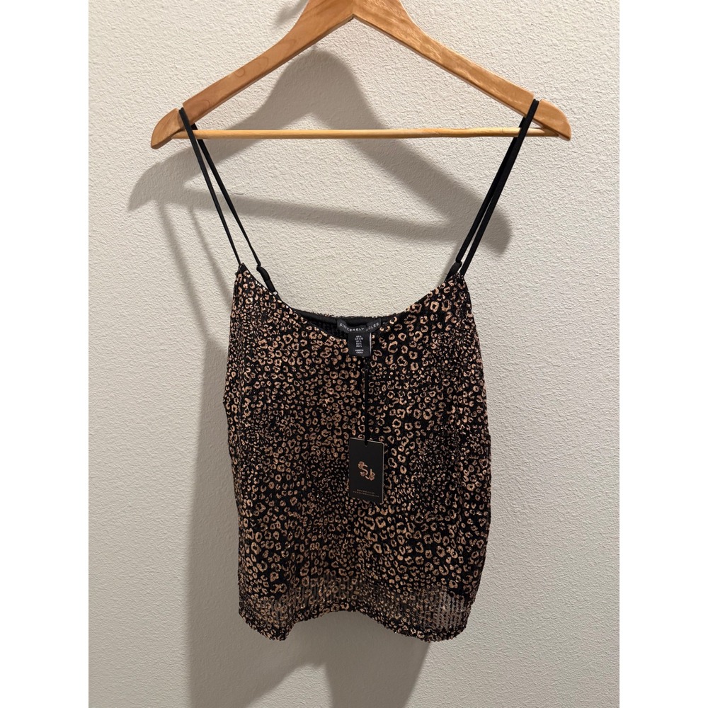 Sincerely Jules Sequin Leopard Print Cami Top Rose Gold Black Large NWT